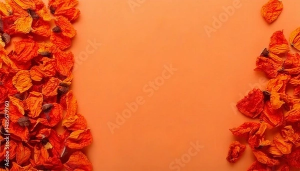 Fototapeta Dried poppy petals in deep orange on a soft pastel cantaloupe background.; copy space