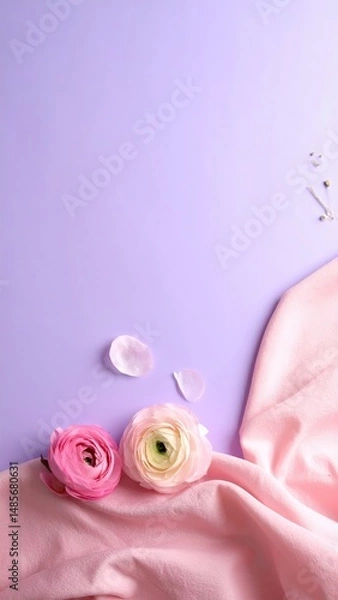 Obraz A cluster of delicate pink rose flowers with lush green leaves, beautifully arranged against a rich purple background, creating a vibrant and elegant contrast.
