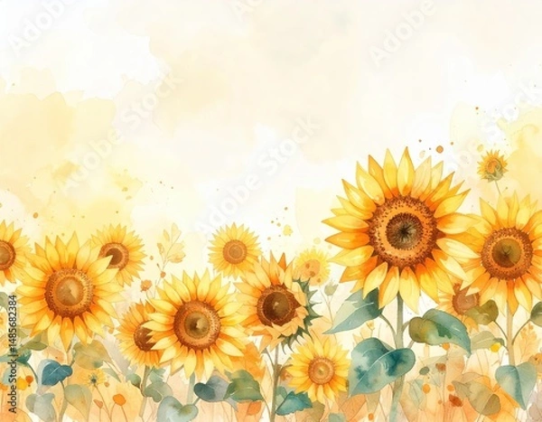 Fototapeta A vibrant watercolor background featuring a field of sunflowers in full bloom, with rich yellows and greens blending seamlessly, evoking warmth and joy.