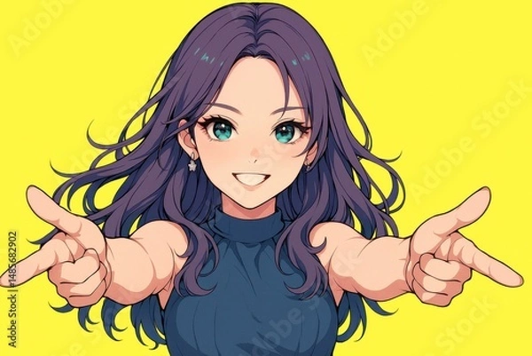 Obraz アニメスタイルの女性が指を指し示すイラスト、明るい背景