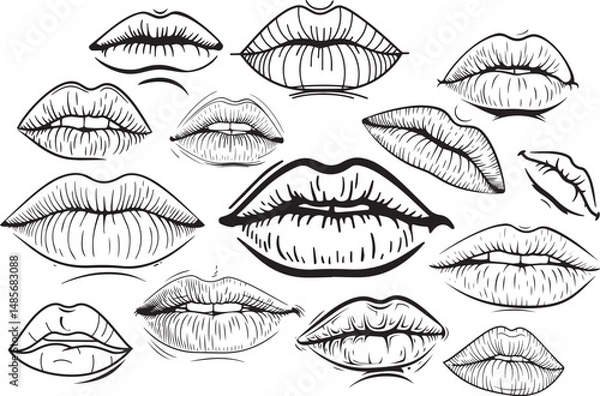 Obraz Black line art sketches of 14 different lips expressions. Stylized line art of lips with smoke,Black  line art lips illustration on white background.