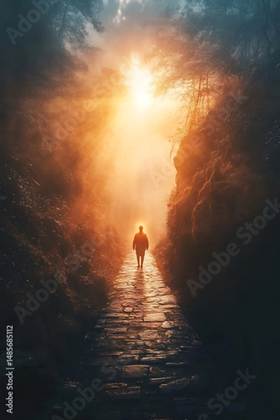 Obraz Person walking on stone path through misty forest, illuminated by warm sunlight breaking through trees, creating serene and mystical atmosphere