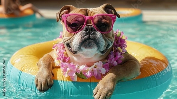 Fototapeta bulldog wearing pink sunglasses and flower lei relaxing in a colorful inflatable pool float in a swimming pool on a sunny day