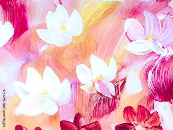 Fototapeta Abstract pink and white flowers, original hand drawn, impressionism style, color texture, brush strokes of paint, art background.