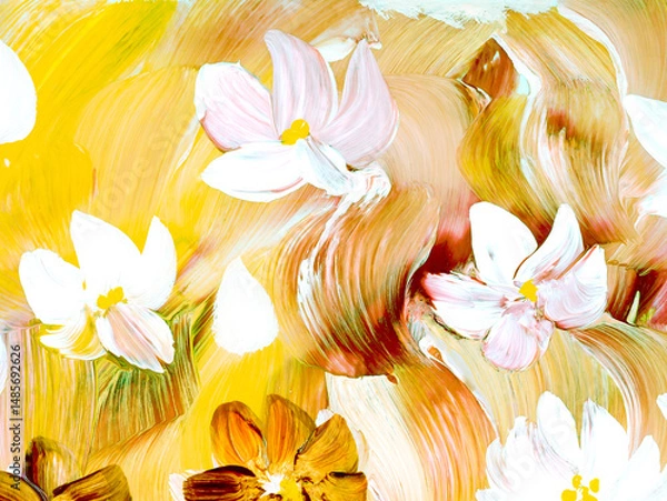 Fototapeta Abstract white flowers, original hand drawn, impressionism style, color texture, brush strokes of paint, art background.