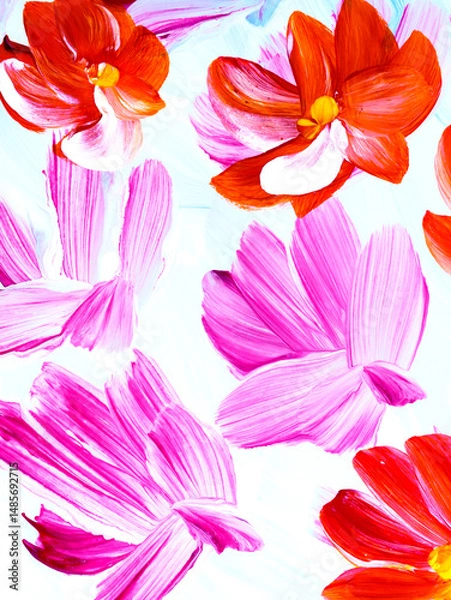 Fototapeta Abstract pink and red flowers, original hand drawn, impressionism style, color texture, brush strokes of paint, art background.