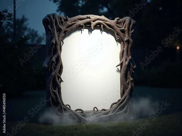 Fototapeta Fantasy rustic wooden frame mockup with twisted branches, blank illuminated center, in a mysterious dark forest setting at night.