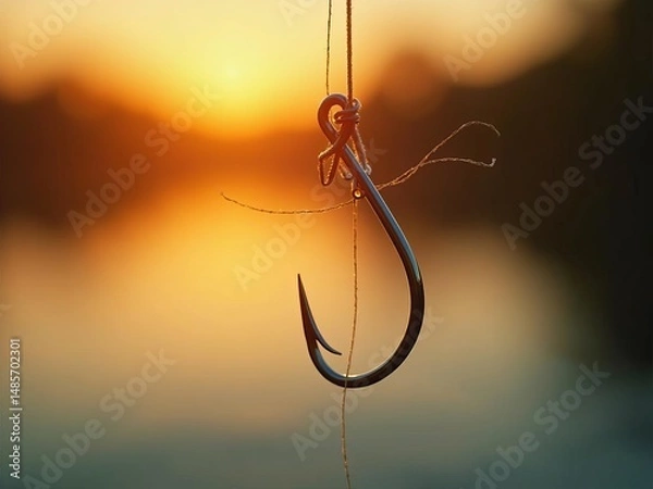 Fototapeta Fishing hook silhouette hanging against a warm sunset background with beautiful bokeh highlights over a calm water surface.