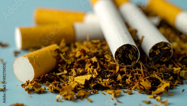 Obraz Scattered tobacco and cigarettes create a somber, textural still life on a light blue surface. No Tobacco Day concept.