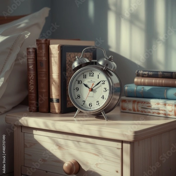 Fototapeta Vintage 70s alarm clock on a light wooden nightstand, next to a stack of retro books, soft morning light, coastal retro style.