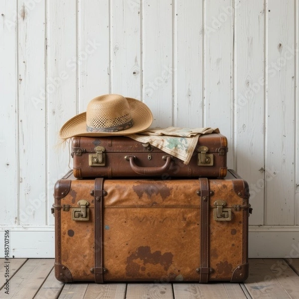 Fototapeta Worn vintage suitcase in front of a white Scandinavian wall, with a raffia hat and old map on top, boho travel style.