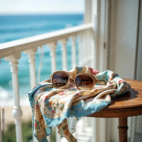Fototapeta Vintage sunglasses and silk scarf on a wooden side table on the balcony, ocean breeze, summer lightness, coastal elegance.