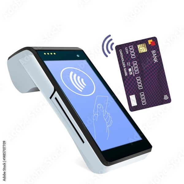 Obraz Realistic Wi-Fi Payment Machine and Credit Card POS Terminal Design Template Bank Payment Terminal Mockup.