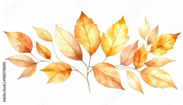 Fototapeta Watercolor painting of autumn leaves branch with golden and orange hues perfect for fall themed designs