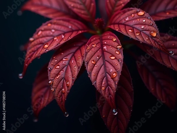 Fototapeta Red autumn leaves with glistening water dripping from the tips, detailed macro shot against a soft dark background.