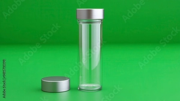 Fototapeta Empty Vial with Silver Cap on Green Surface