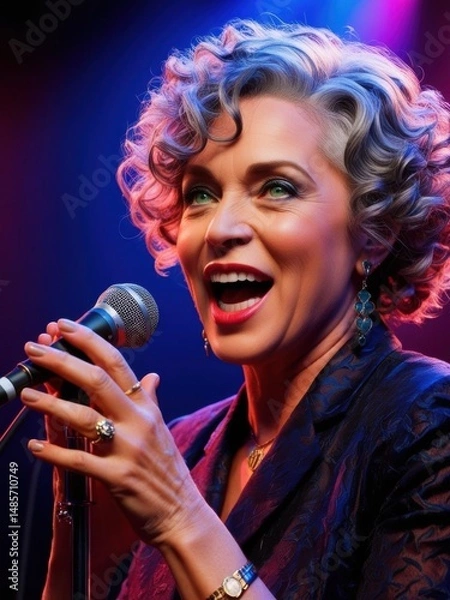 Obraz A glamorous woman with curly hair sings passionately into a microphone on stage, illuminated by vibrant, colorful lighting.