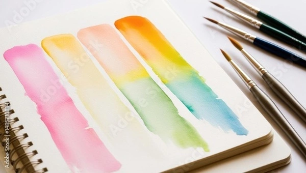 Obraz Watercolor brush strokes in pastel colors on a sketchbook with artist brushes beside it.