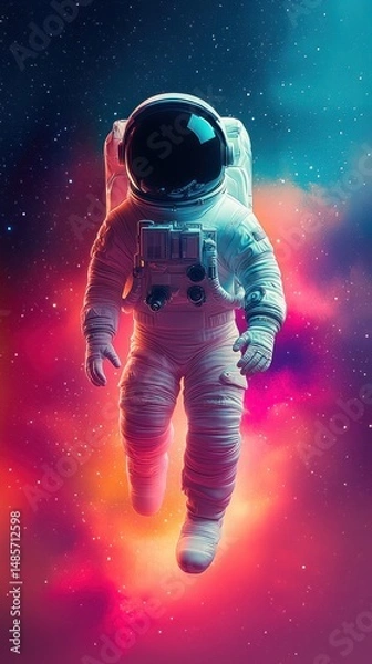 Obraz Astronaut floating in colorful space with glowing nebula and stars, evoking a sense of exploration and wonder
