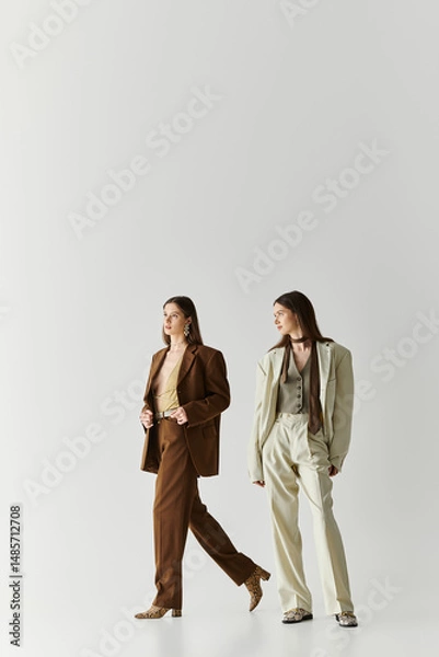 Fototapeta Stylish twin sisters showcase fashion in minimalist studio setting with modern flair