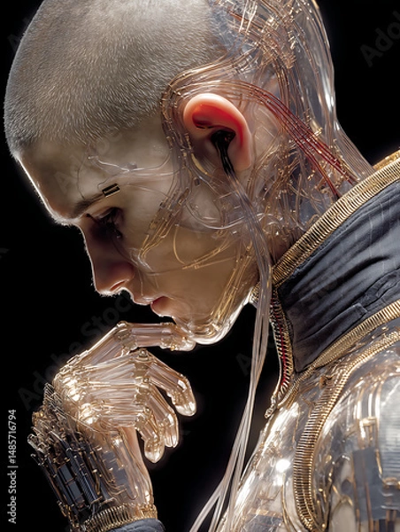 Fototapeta Synthetic Pulse: A Hyper-Realistic Full-Body Portrait of a Humanoid Cyborg with Translucent Elastic Skin, Wired Veins, and Futuristic Anatomy Illuminated Against a Stark Black Backdrop