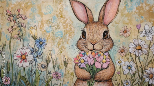 Fototapeta A cute bunny holds a bouquet of colorful flowers, surrounded by a vibrant meadow under a bright sky.