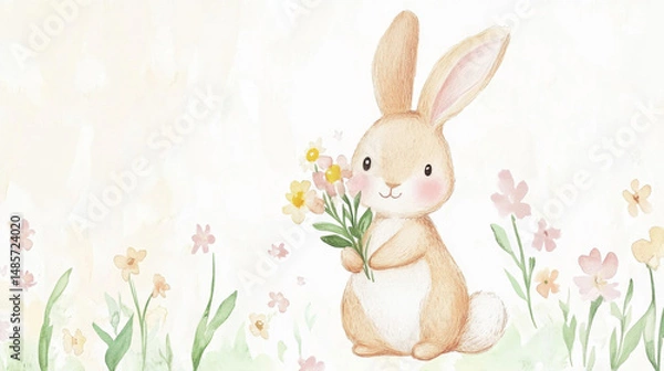 Fototapeta A cute, watercolor-style bunny holds flowers, surrounded by soft pastel blooms in a serene meadow.