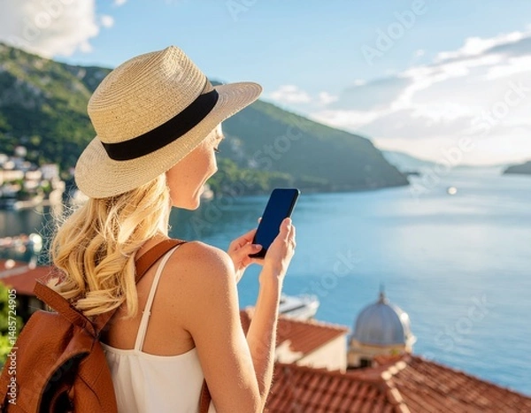 Fototapeta beautiful caucasian woman using smart phone and exploring city during summer vacation