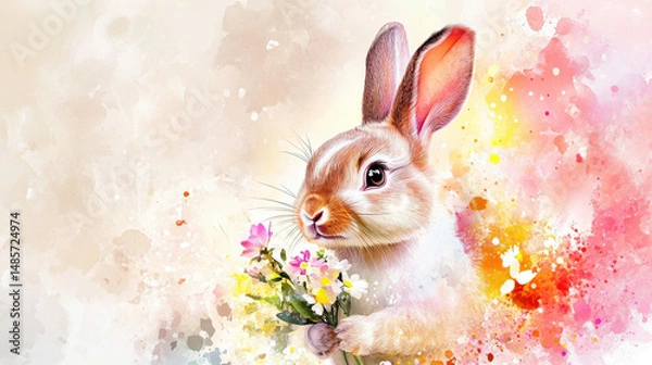 Fototapeta A charming rabbit holds a bouquet of flowers against a soft, colorful watercolor background, embodying spring's essence.