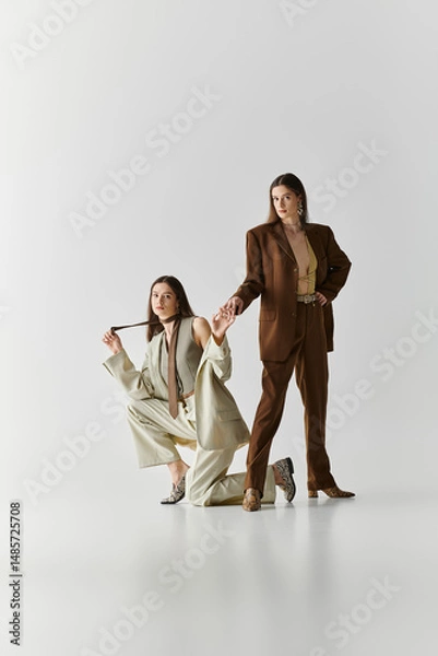 Fototapeta Stylish twin sisters showcasing their unique fashion sense in an artistic setting