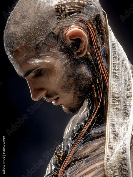 Fototapeta Synthetic Pulse: A Hyper-Realistic Full-Body Portrait of a Humanoid Cyborg with Translucent Elastic Skin, Wired Veins, and Futuristic Anatomy Illuminated Against a Stark Black Backdrop