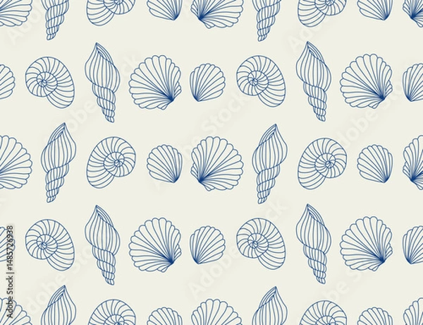 Obraz Underwater seamless pattern with seashells line art illustrations in white color on blue background. Scallop sketch, seashell line drawing. Summer ocean beach print for background, textile, fabric