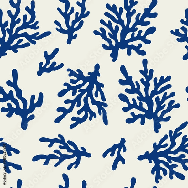 Obraz Blue coral seamless pattern on beige background in vintage style. Matisse-inspired modern abstract bluebackground. Vector design for textile, wrapping paper, greeting cards.