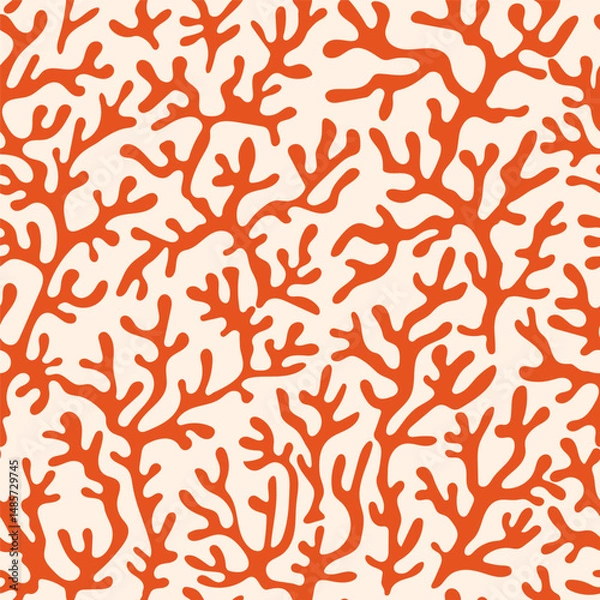 Obraz Red coral seamless pattern on beige background in vintage style. Matisse-inspired modern abstract organic algae background. Vector design for textile, wrapping paper, greeting cards.
