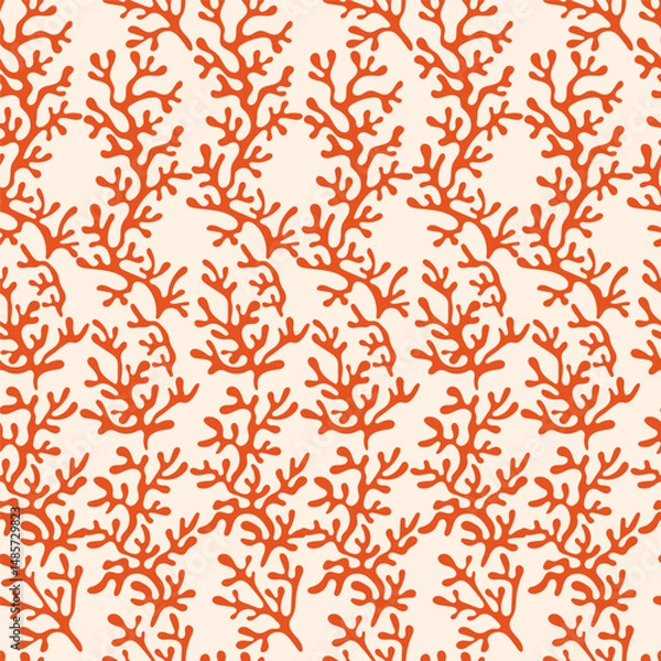 Obraz Halfdrop repeat pattern with interwined seaweed abstract floral design elements. Trendy peach fuzz, nautical blue colors. Seamless texture in hipster style for beach swimsuit, female active wear