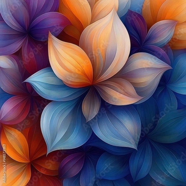 Fototapeta abstract multicolored overlapping flower petals with smooth curved shapes in warm orange and cool blue tones creating a harmonious and vibrant floral pattern
