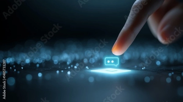 Fototapeta Person's finger gently touching a glowing chat icon over a dark background filled with shimmering lights and particles