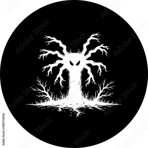 Fototapeta Spooky Silhouette: Monochromatic Tree with Face in Circle Background