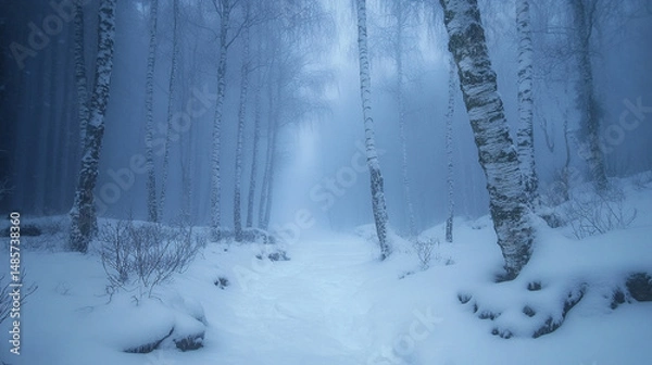 Obraz Zimowy krajobraz w lesie, brzozy pokryte szronem we mgle, tapeta generative ai 