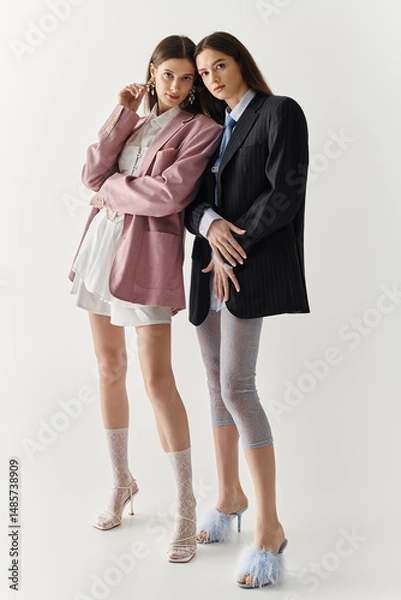 Fototapeta Stylish twin sisters showcasing modern fashion trends in a minimalist studio setting