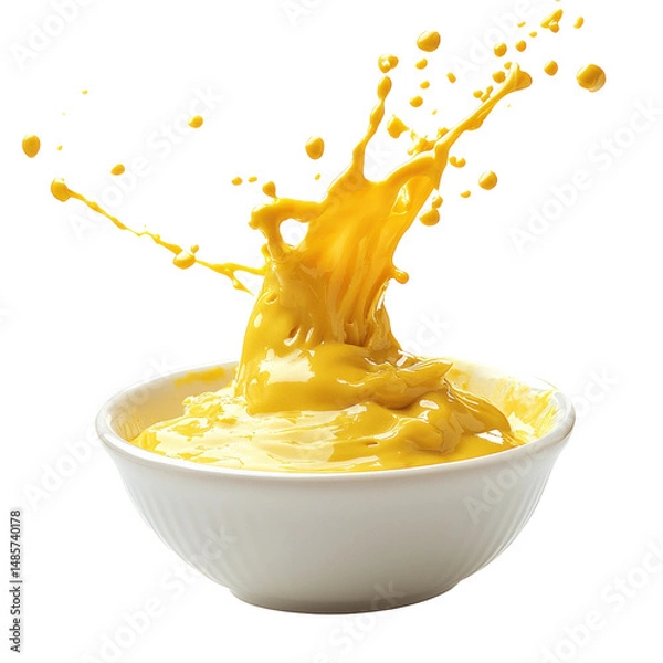 Fototapeta A bowl of bright yellow curry sauce splashing upward, frozen in time, white backdrop