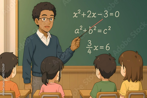 Fototapeta Cartoon illustration shows a male teacher wearing glasses and a sweater, pointing with a stick at mathematical equations on a blackboard. Several young students are seated at desk.