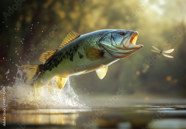 Fototapeta Largemouth Bass Attacking Dragonfl created with Generative AI Technology, ai, generative