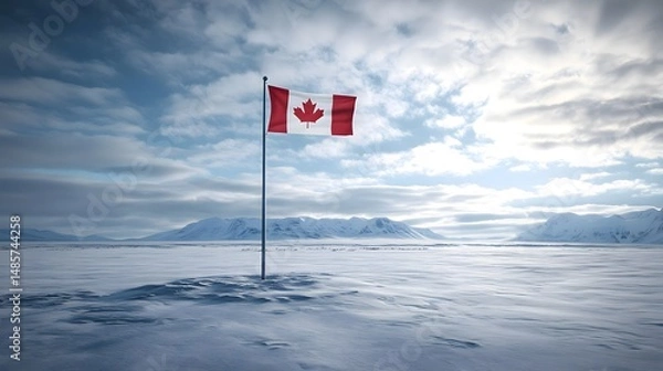 Obraz Canadian flag waving proudly in a snowy arctic landscape under a cloudy sky