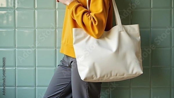 Fototapeta White tote bag mockup held by a person in a yellow sweater against a tiled wall, blank canvas for design.