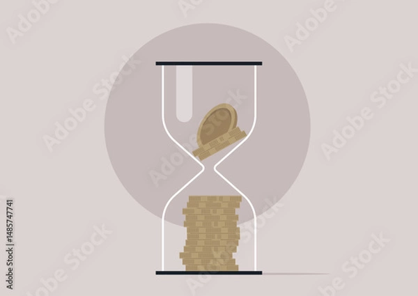 Obraz Metal coins resting elegantly within a transparent hourglass, showcasing the blend of time and value in an artistic representation