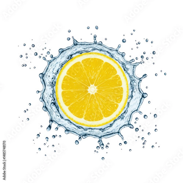 Fototapeta Fresh lemon slice splashing in clear water, creating dynamic droplets around it