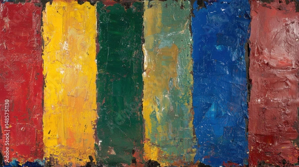 Fototapeta A textured abstract artwork featuring bold vertical stripes of red, yellow, green, blue, and more, evoking energy and emotion.