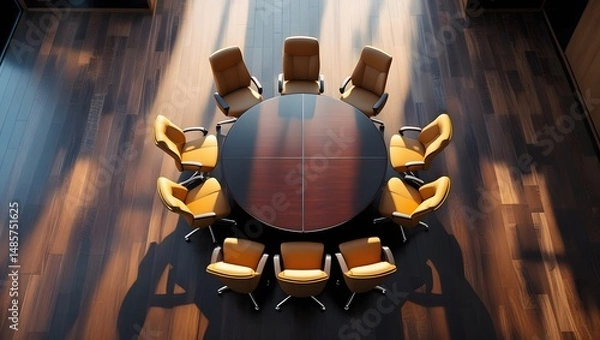 Fototapeta Top view of a conference room. A white round table and six chairs around. 3D rendering