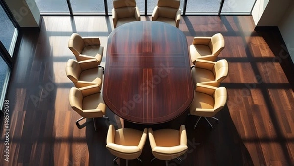Fototapeta Top view of a conference room. A white round table and six chairs around. 3D rendering
